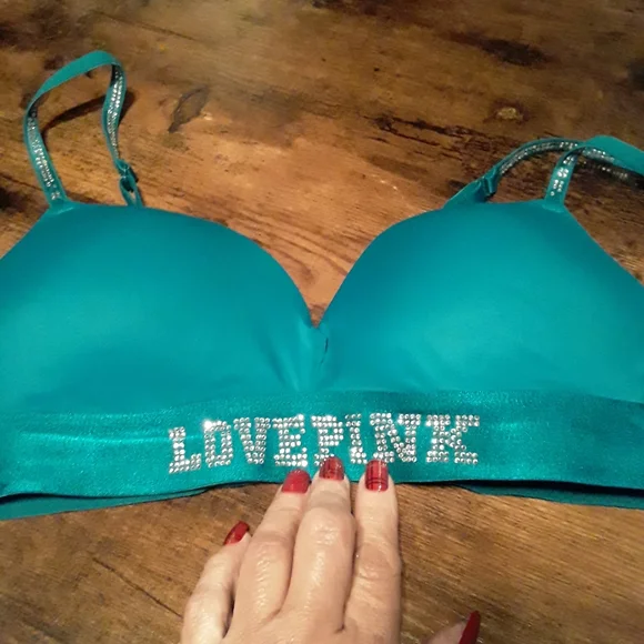 Pink VICTORIA'S SECRET teal W/ Pink Bling 38B Padded underwire Gorgeous Push Up - Picture 13 of 13